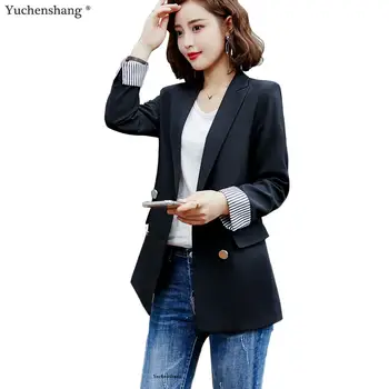 

Blazer Women Girl Casual Double Breasted Long Sleeve Black Dark Blue Blazer New Fall Winter Long Jackets Coat S-4XL