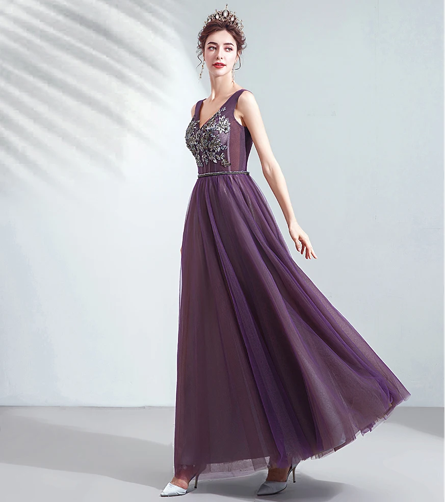 SSYFashion Новое фиолетовое вечернее платье, для банкета, Элегантное длинное вечернее платье длиной до пола, с блестками и бисером, Платья для особых случаев