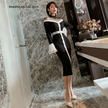

2020 Autumn dress Dress graceful stitching mesh slim mid-length dress