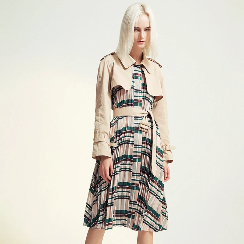 Patchwork Plaid Women's Windbreaker Lapel Collar Long Sleeve High Waist With Sashes Coat Female Autumn Fashion 45