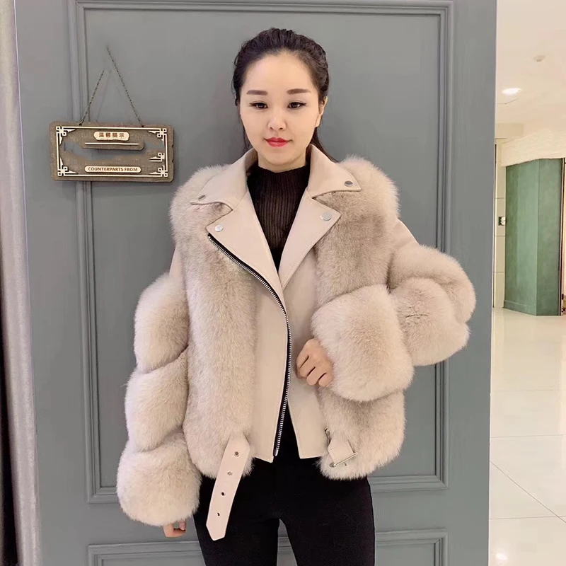 ZDFURS* Winter New Style Aviator Fashion Fox Fur Jacket Woman Genuine Leather Natural Fur Coat with belt