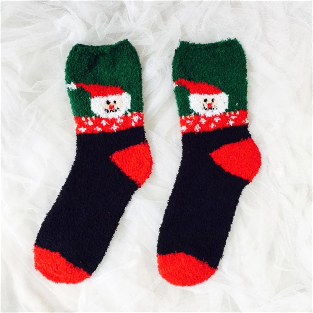 Зимние теплые плотные мягкие рождественские подарочные носки с изображением оленя, Санта Клауса, снеговика в полоску с Рождеством