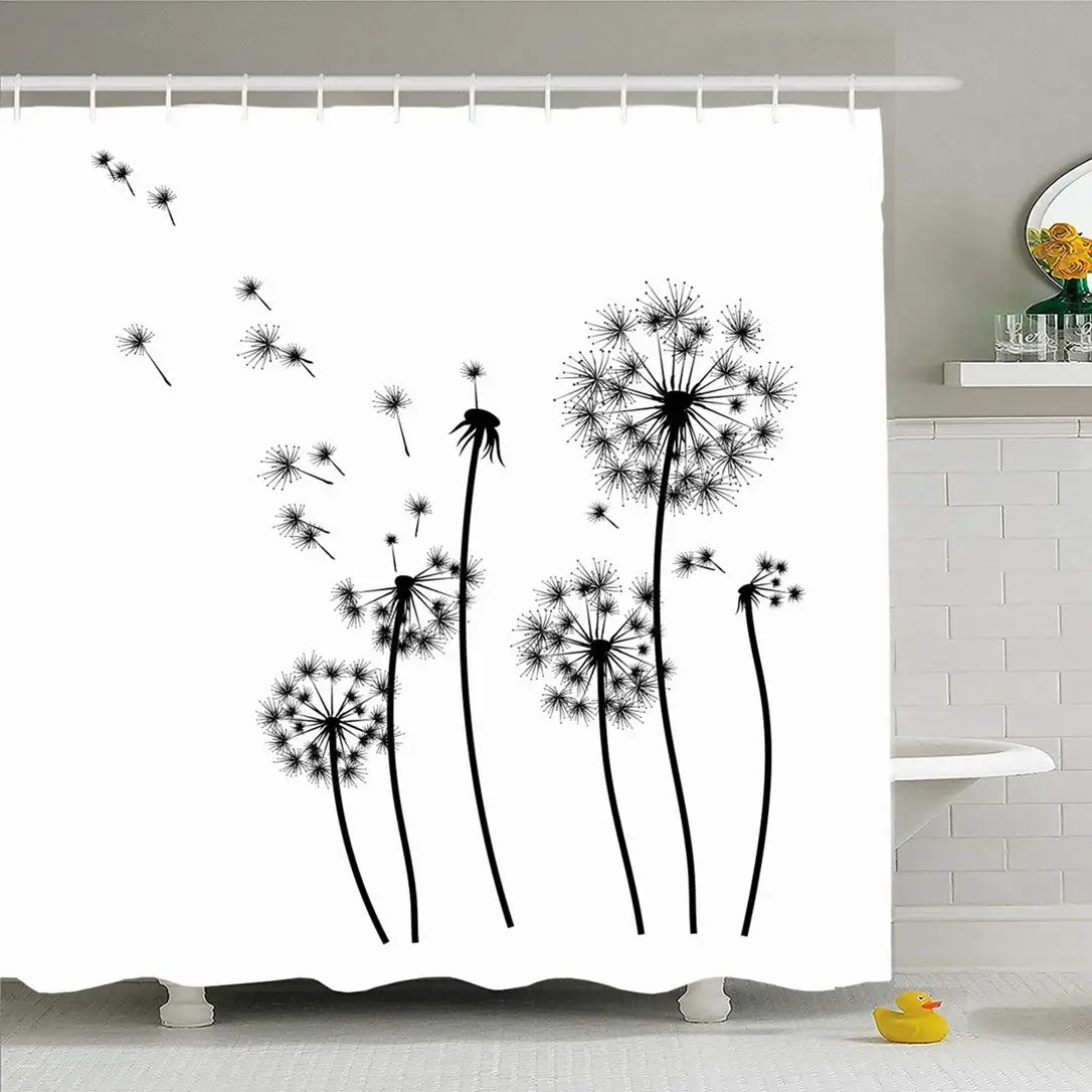 

Shower Curtain Set with Hooks 60x72 Silhouette Isolated Dandelion Flying Seeds Black Contour Sky Nature Tattoo Objects Spring