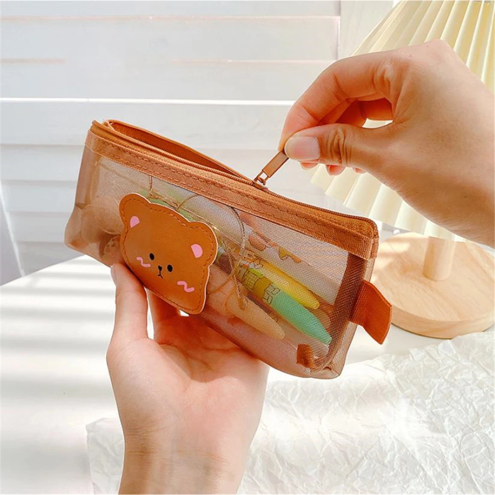 Cute Bear Transparent Mesh Pencil Case Ins Portable Toiletry Makeup Pencil Bag Stationery Gift School Pencil Box Crafts Supplies