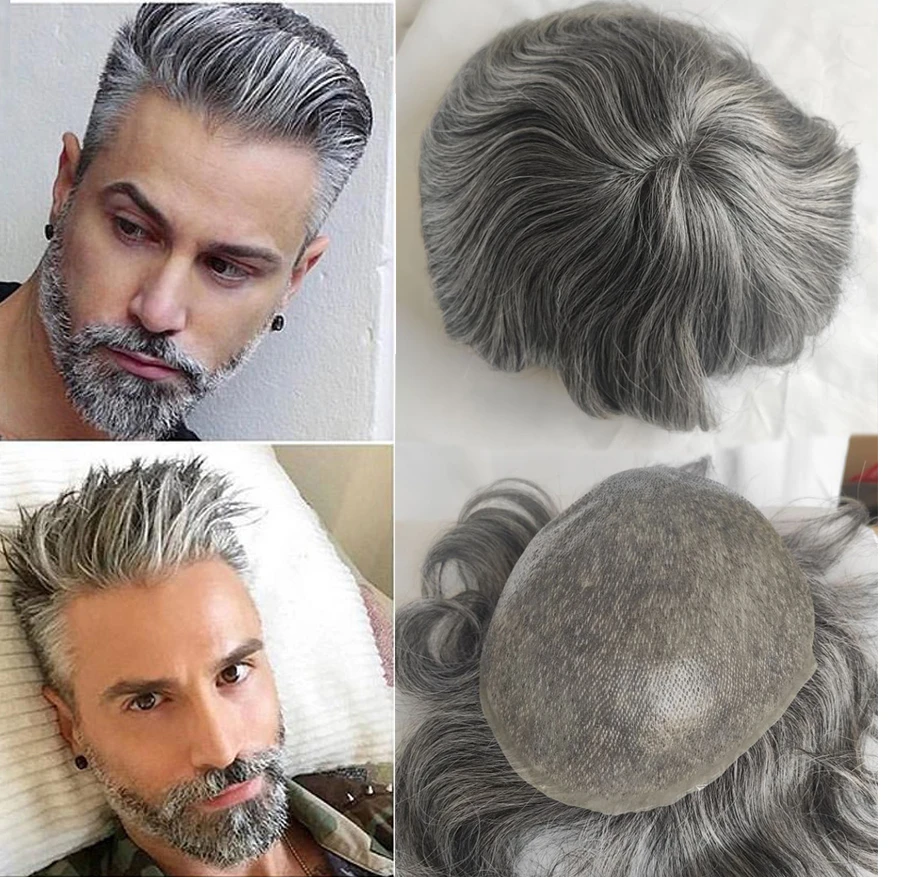 Thin Skin Mens Toupee  Full Pu Remy Human Hair Mix Grey Synthetic  Hair Replacement System Straight Wave Toupee 10