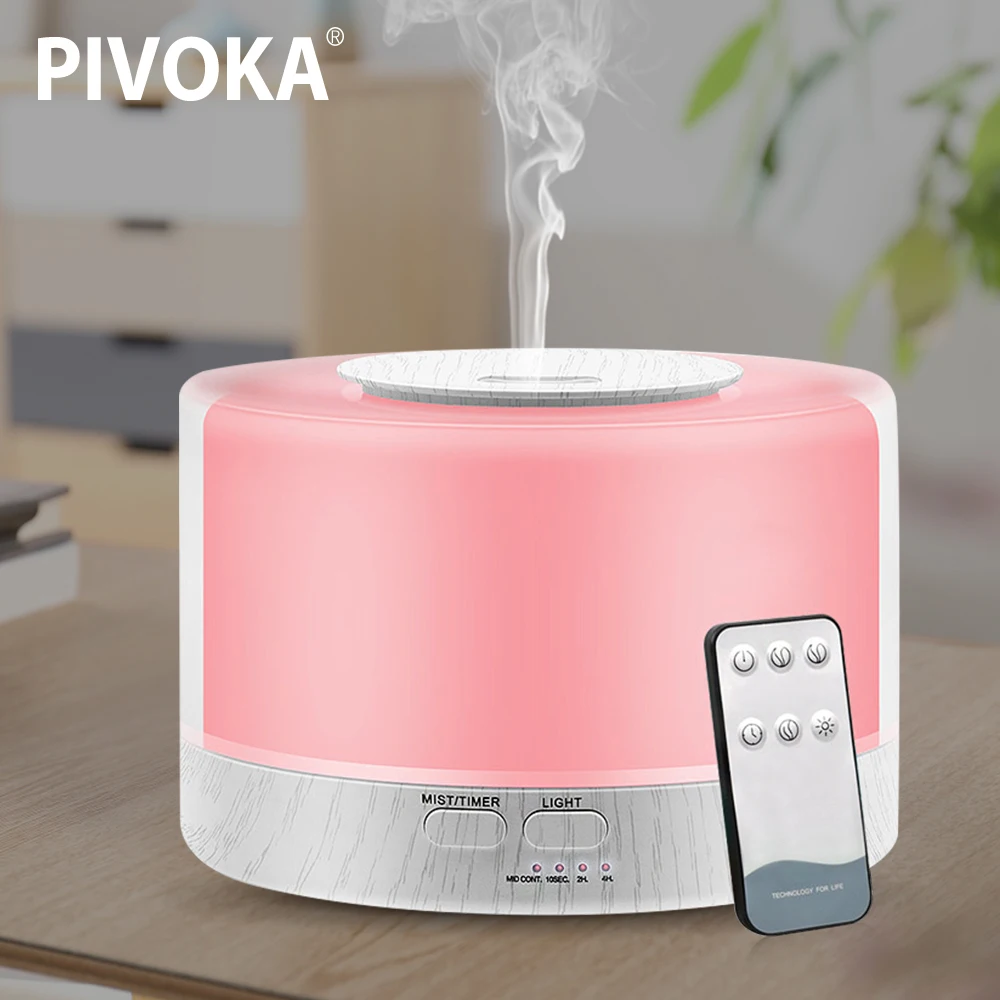 

PIVOKA 500ml Aromatherapy Diffuser Air Humidifier Essentiel Oil Remote Control White Wood Mist Maker 7 LED Light For Home office