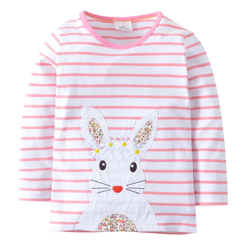 T5402 PINK Bunny Брендовые футболки для девочек с аппликацией кролика; хлопковая одежда для малышей; топы с длинными рукавами для детей; футболки для девочек - Цвет: T5402 PINK Bunny