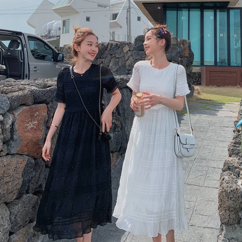 

Photo Shoot CHIC Elegant White Long Style Crew Neck Waist Hugging Laziness by Age Flounced Industrial Pleated Fairy Dress