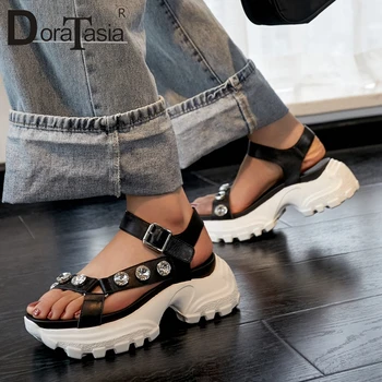 

DORATASIA Brand Luxury Lady Summer Sandals Silver Buckle Sandals Women Open Toe Platform Rhinestone Chunky Heel Shoes Woman