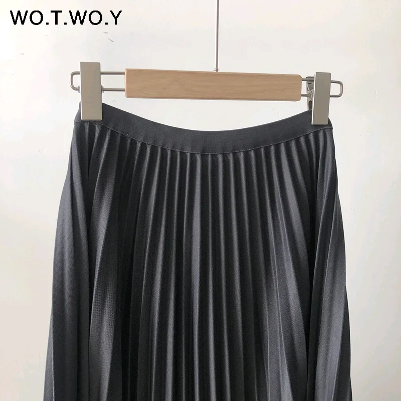 WOTWOY, осенняя Повседневная плиссированная женская юбка,, прямая, до середины икры, длинная, черная, юбки для женщин, элегантная, мягкая, трогательная, женская одежда