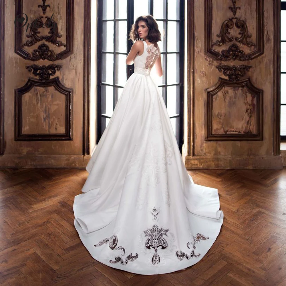 Optcely, Ретро стиль, без рукавов, атласное, а-силуэт, Vestido de Noiva, простое, круглый вырез, свадебное платье,, Аппликации, расшитое бисером, платье для невесты принцессы