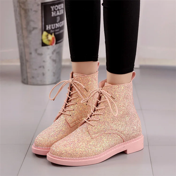 

2016 Autumn And Winter New Style Europe And America Sequin Low-Top Martin Boots round-Toe Lace-up nv pi xue