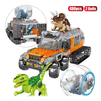 

480pcs Jurassic Dinosaur Park World Building Blocks Transport Car Truck Tracker Bricks Set Mini Avtoros Shaman Children Toys
