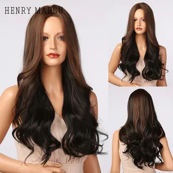 

HENRY MARGU Long Wavy Dark Brown Ombre Synthetic Wigs Natural Middle Part Wigs For Women Cosplay Hair Wigs Heat Resistant Fiber