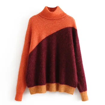 

Vintage Patchwork Turtleneck Sweaters Women Fashion Mohair Sweater Elegant Ladies Long Sleeve Pullovers