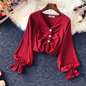

ZCWXM 2020 Spring Red Women Tops and Blouse Summer Flare Sleeve OL V Neck Elegant Shirts Vintage Pleated Fashion Shirts New
