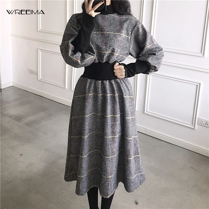 Wreeima 2019 хаки осень-зима длинное шерстяное платье в клетку старинные c высоким