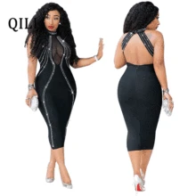 QILI, женские сексуальные вечерние платья, без рукавов, с открытой спиной, стразы, платья, черные, прозрачные, сетчатые, облегающее платье, Femme S-5XL