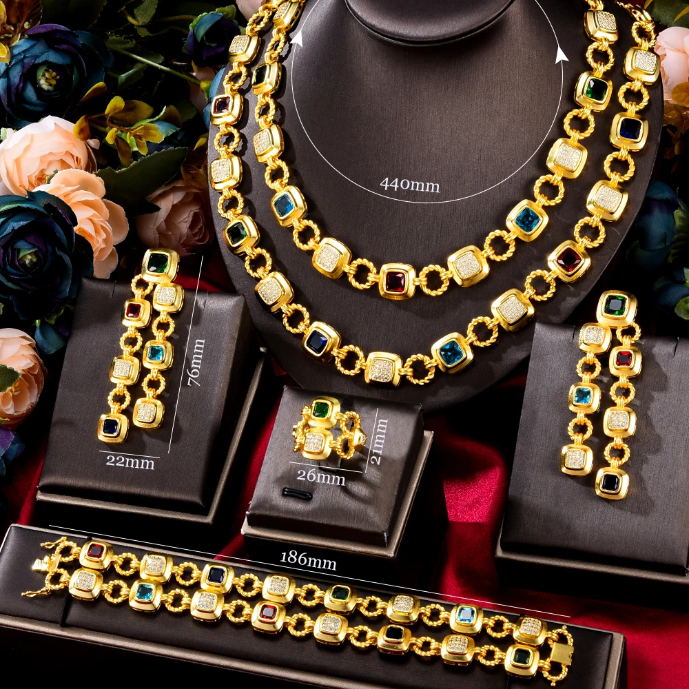 KellyBola Gorgeous Custom Geometric Chain Necklace Bracelet Ring Earring 4PCS Women's Wedding Party Boutique Zircon Jewelry Set