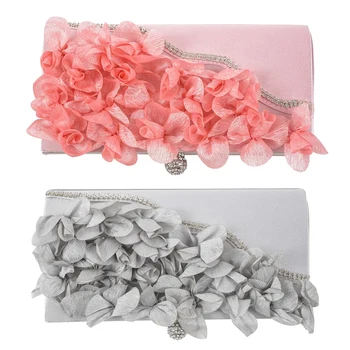 

2 Pcs Lady Satin Clutch Bag Flower Evening Party Wedding Purse Chain Shoulder Handbag, Silver & Pink