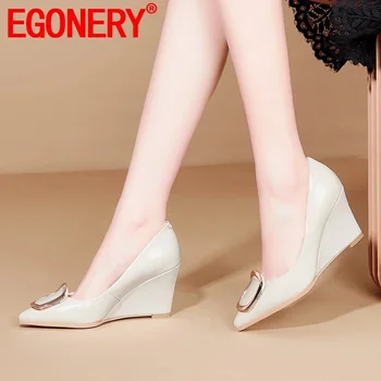 

EGONERY spring new women pumps high heels pointed toe high heels metal decoration genuine leather women shoes drop shipping