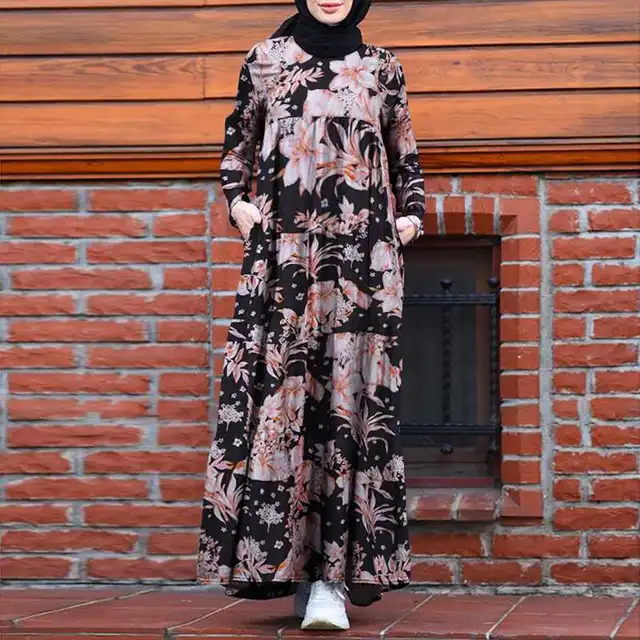 ZANZEA Retro Dubai Abaya Turkey Hijab Dress Women Vintage Floral Printed Maxi Sundress Summer Long Sleeve Kaftan Muslim Vestido 2