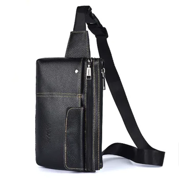 

New Men's Full-Grain Leather Chest Bag Genuine Leather Sports Waist Pack Multi-Function Mobile Phone Messenger Bag