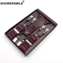 SHOWERSMILE мужские подтяжки для брюк в британском стиле красные подтяжки в клетку 6 Клипов жаккардовые деловые формальные эластичные кожаные мужские брюки