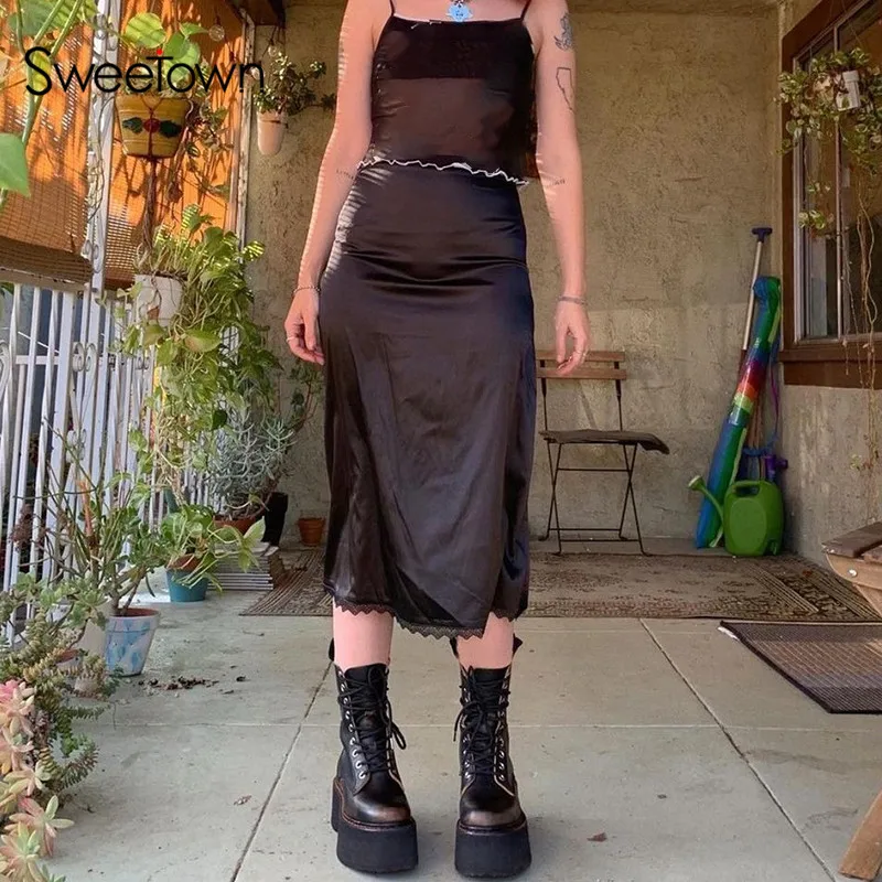 Timagebreze Goth Aesthetic Skirt Women Lace Trim High Waist Girl Midi Skirts Punk Dark Gothic Clothes