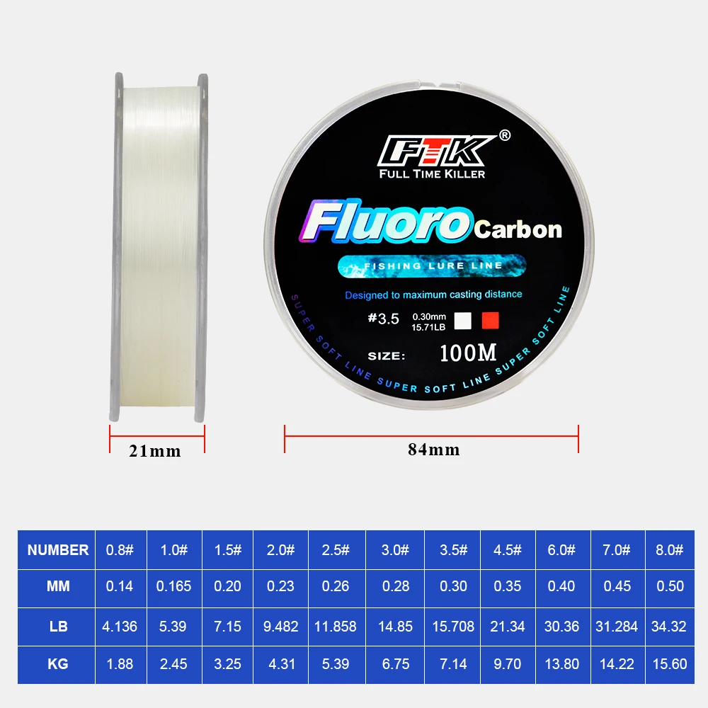 FTK 100m Fluorocarbon Fishing Lure Line 4.13-34.32LB Carbon Fiber Leader Fly Fishing Line Super Soft Line Pesca