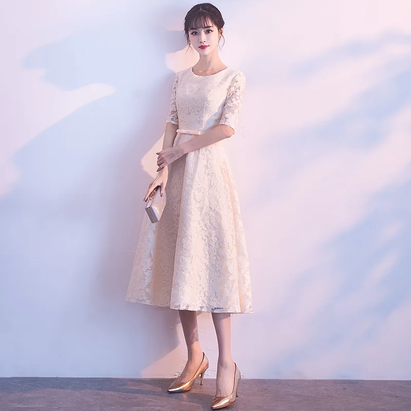 Autumn And Winter New Style Half-sleeve Shirt Slim Fit Bridesmaid Dress Mid-length Engagement Huimen Formal Dress Sister Gr