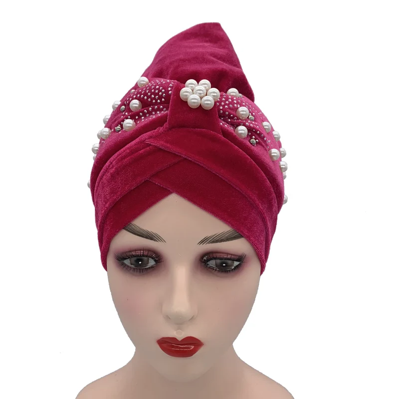 2022 Lastest Beading Turban Bonnet for Women Soft Velvet Hijab