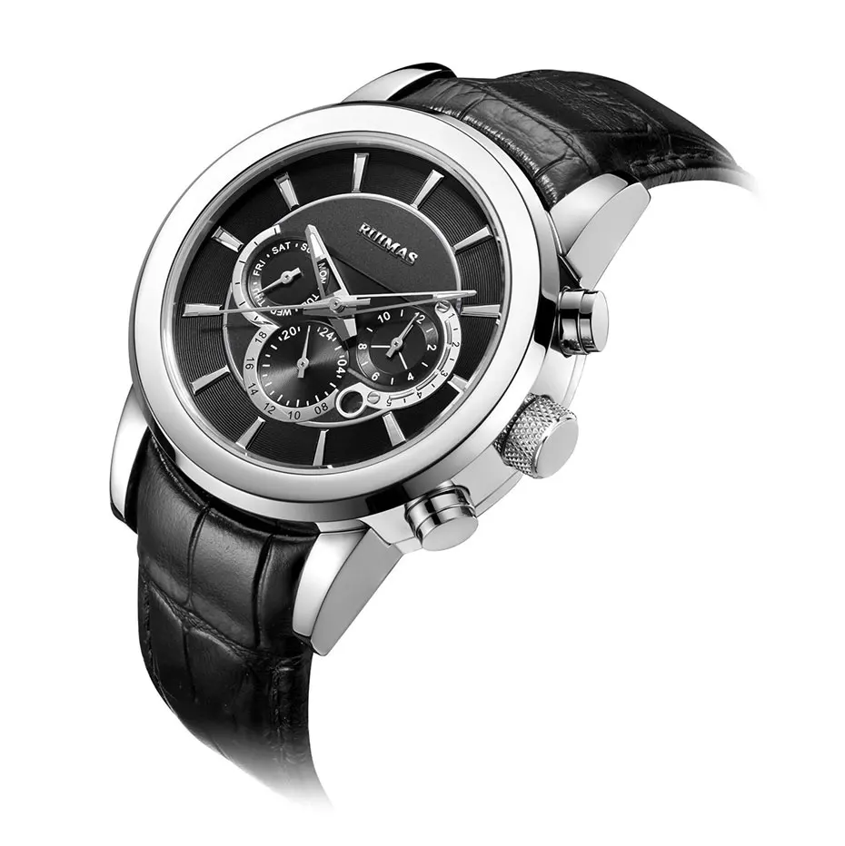RUIMAS Mechanical Business Watch Men Top Brand Luxury Waterproof Date Calendar 24 Hour Leather Wristwatch Relogio Masculino 6767