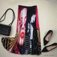 Длинные женские плиссированные юбки с рисунком в европейском стиле, юбка с завышенной талией, весенне-летние юбки средней длины с эластичной резинкой на талии