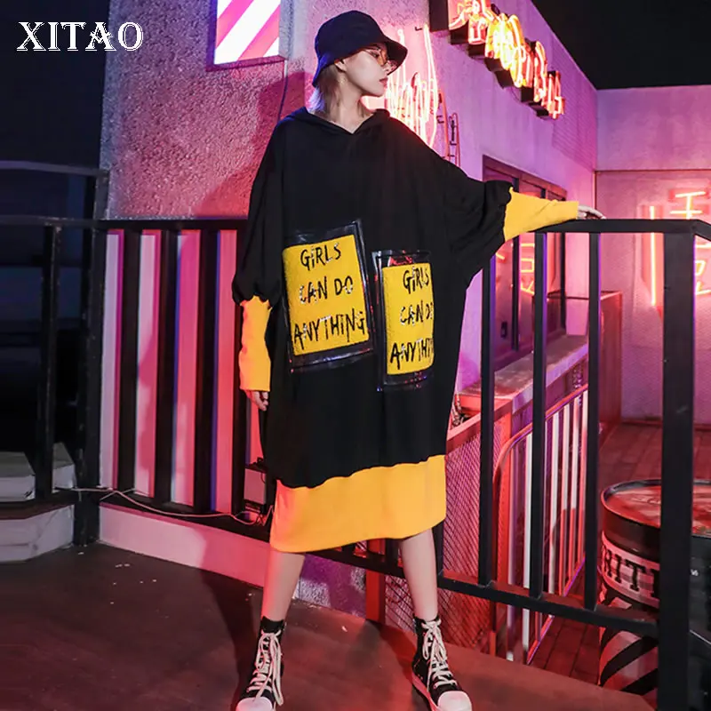 

XITAO Tide Plus Size Letter Elegant Dress Women Patchwork Hit Color Big Pocket Hooded Full Sleeve Dress Clothes 2019 WQR1949