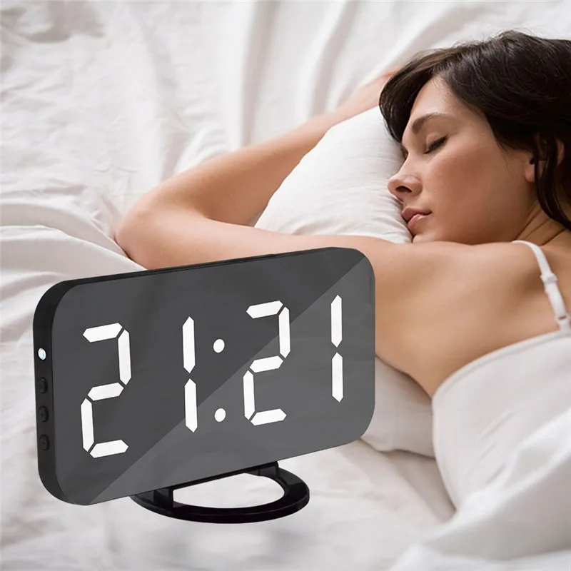  Digital LED Alarm Clock Mirror Clock Snooze Display Time Night Led Table Desk 2 USB Charge Ports fo