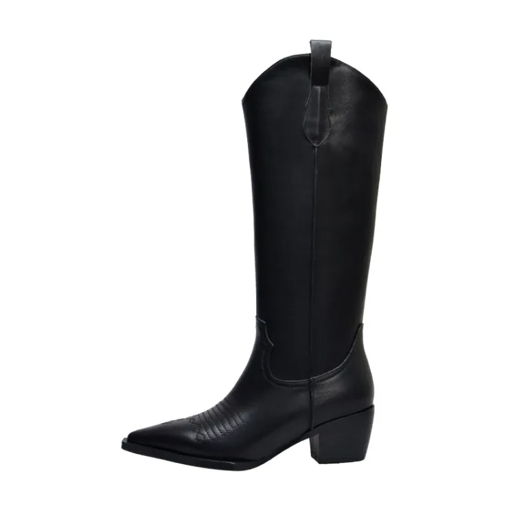 Women Classic Rome Runway Shoes Black White Leather Pointed Toe Mid-calf Booties Fashion Cowboy Boot Woman Free Shipping
