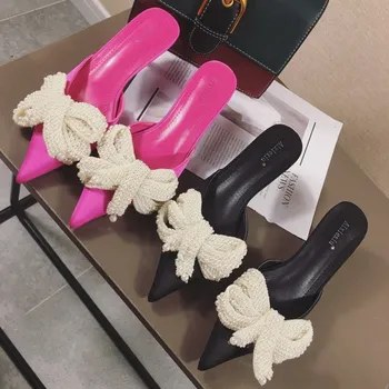 

Women Mules Slippers Med Heel Sandals Summer Slip On Slides Brand Butterfly Loafers Flip Flops Shoes Elegant Pointed Outdoor