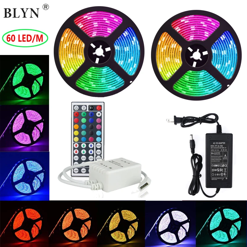 cheap RGB Led Strip Light 10M Waterproof Flexible Ribbon SMD5050 12V 60LED M Strips With 44 Key IR Remote Controller for Home Holiday