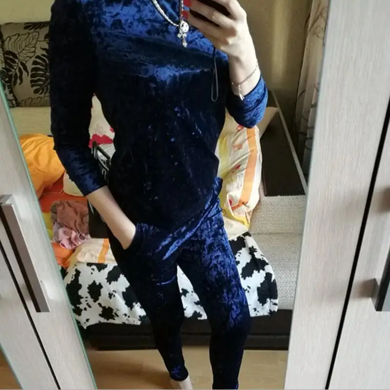 Синий 3XL 6 цветов Бархатный спортивный костюм женский костюм Бархатный комплект топ с длинными рукавами велюровый спортивный костюм наборы для женский спортивный костюм - Цвет: Синий