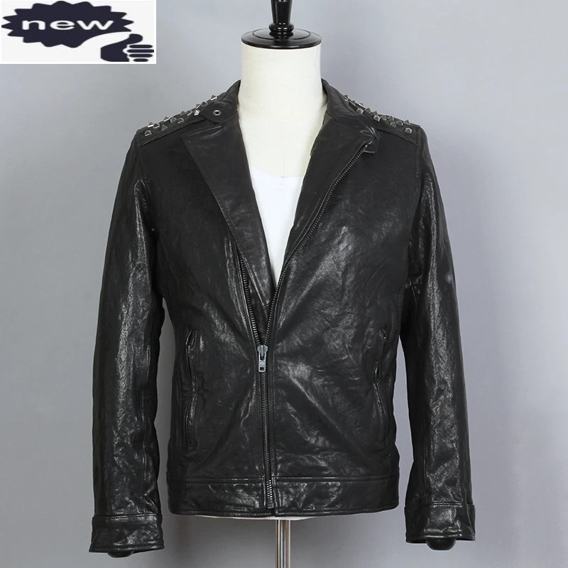 ブランド 正規品 ファッションリベットスリムフィット本物のジャケット男性黒シープスキンターンダウン襟リアルレザーバイカーオートバイコート 一 番 安いセール Ongoing Southloopmarket Com