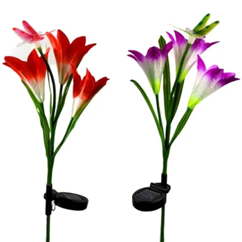 

2Pcs Led Solar Lily Flower Outdoor Garden Garden Lamp 3 Head Lily Butterfly Light Landscape Decoration