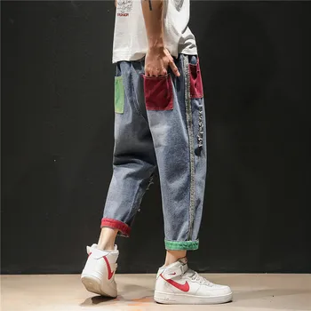 

Fashion Denim Pants Men Contrast Color Jeans Men Elastic Waist Ankle-length Ripped Jeans For Men High Streetwear Distressed Jean