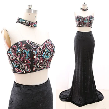 

MACloth Black Mermaid Halter Floor-Length Long Crystal Tulle Prom Dresses Dress M 268453 Clearance