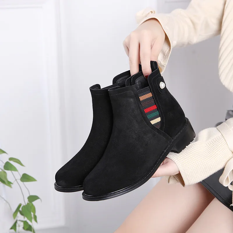 Botas mujer invierno; коллекция года; зимние ботинки с круглым носком на низком каблуке; обувь с жемчугом; удобная женская обувь; chaussures femme