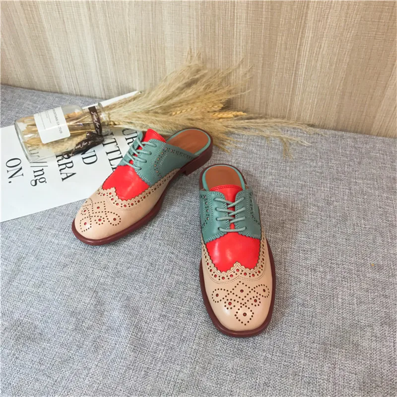2020 Summer Slides Women's Shoes Carved Round Toe Flats Heel Brogues Mules Shallow Mouth Color Block Oxford Shoes Slippers Women (6)