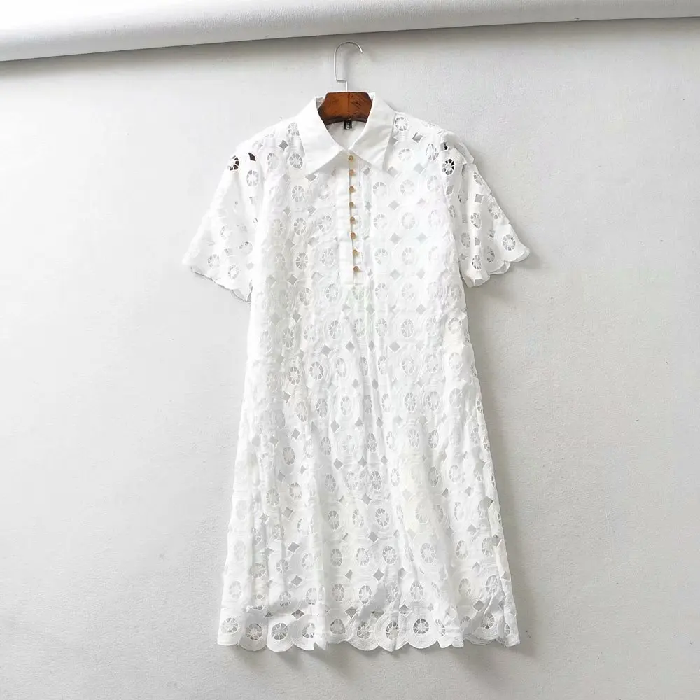 

2019 Europe And America Summer New Style Fold-down Collar Hollow out Crochet Short Sleeve A- line Dress Short Skirt Women's 1639