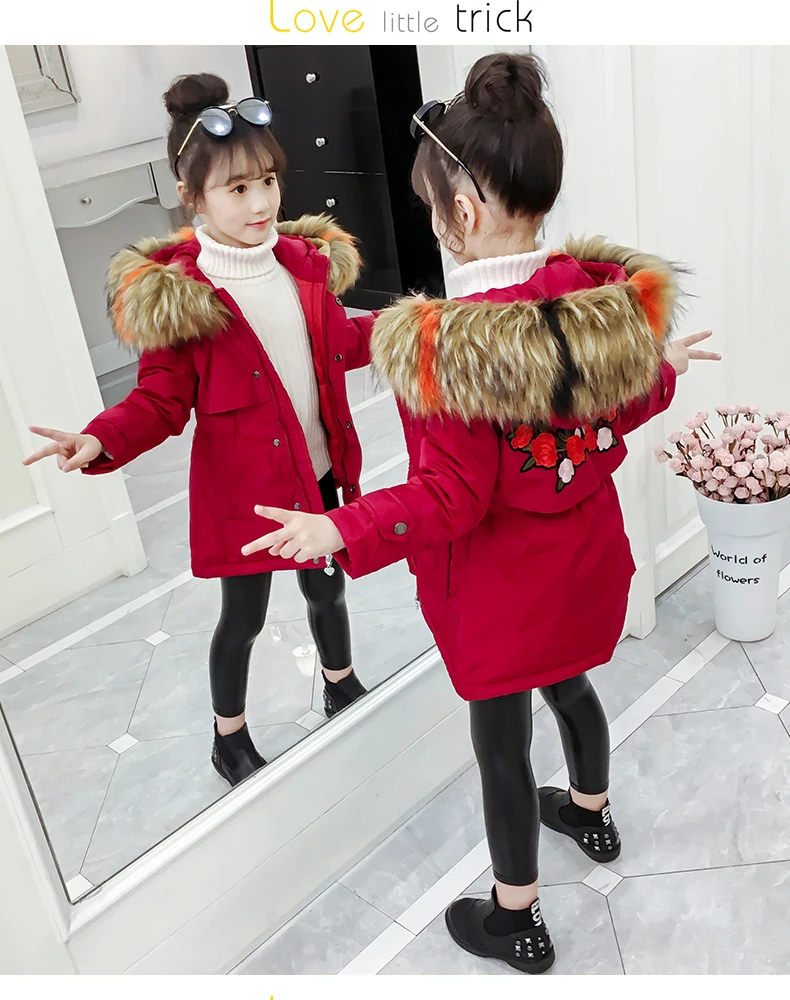 Girls Coat Flower Embroidery Girls Coats Hooded Fur Collar Kids Down Jacket Winter Fashion Clothes For Girls 6 8 10 12 14 Year