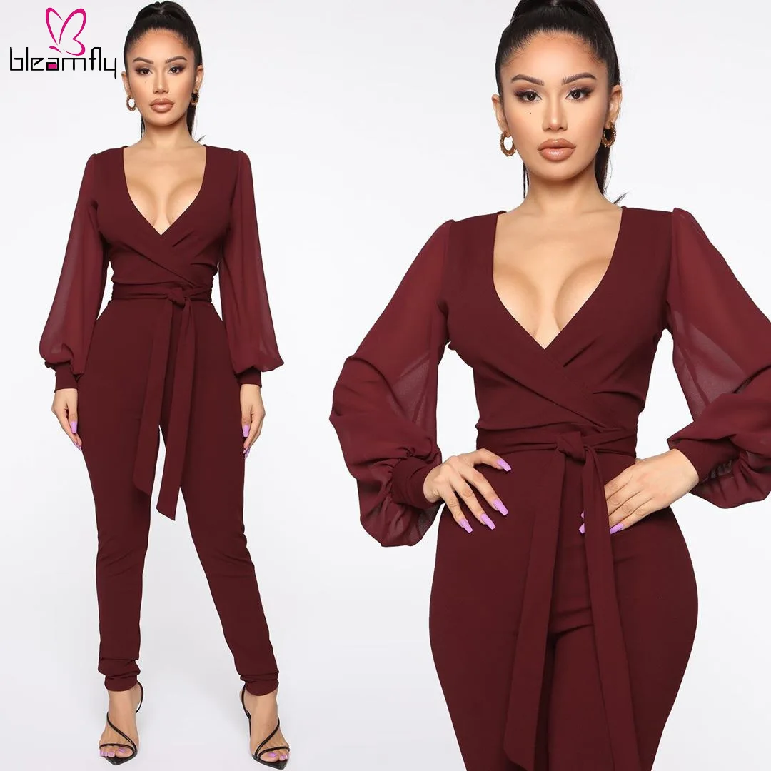 

Sexy Chiffon Rompers Jumpsuit Women Deep V Neck Slim Jumpsuits Elegant Office Ladies Lantern Sleeve Work Wear One Piece Overalls