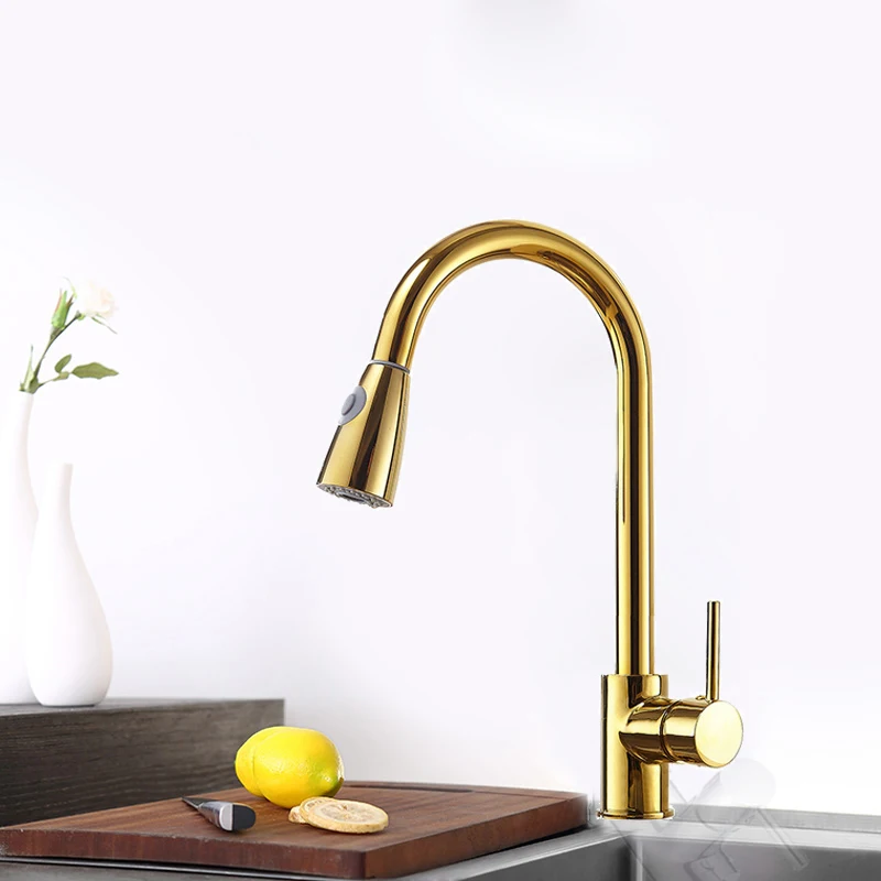 Golden faucet Onyzpily хром Никель вытащить Кухня кран с 2-way опрыскиватель 360 Вращение одной ручкой, смеситель для раковины кран на склад в Россию - Цвет: Golden faucet